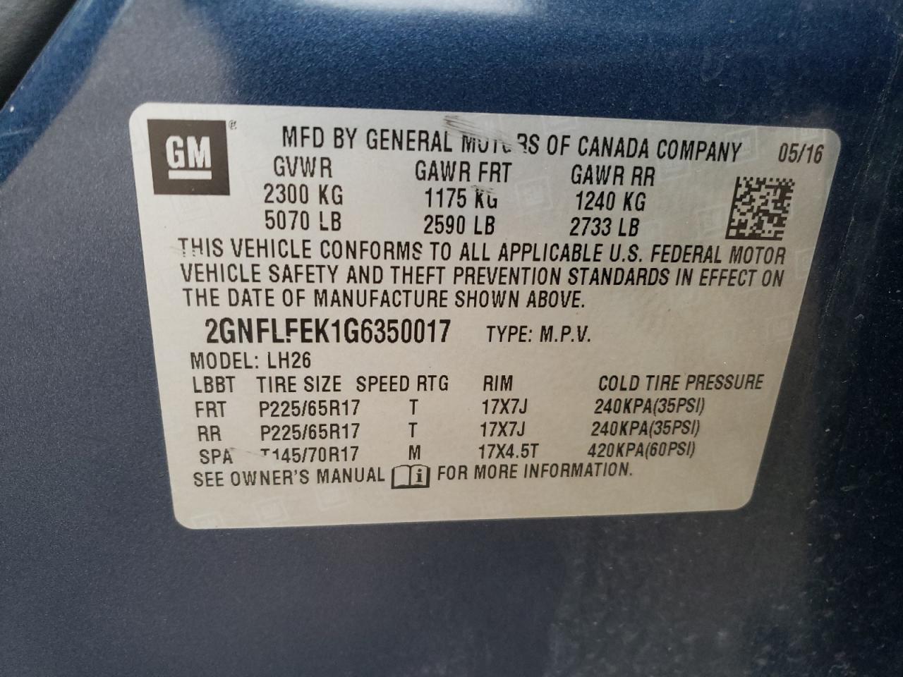 Photo 10 from auction – 2016 CHEVROLET EQUINOX LT with VIN 2GNFLFEK1G6350017
