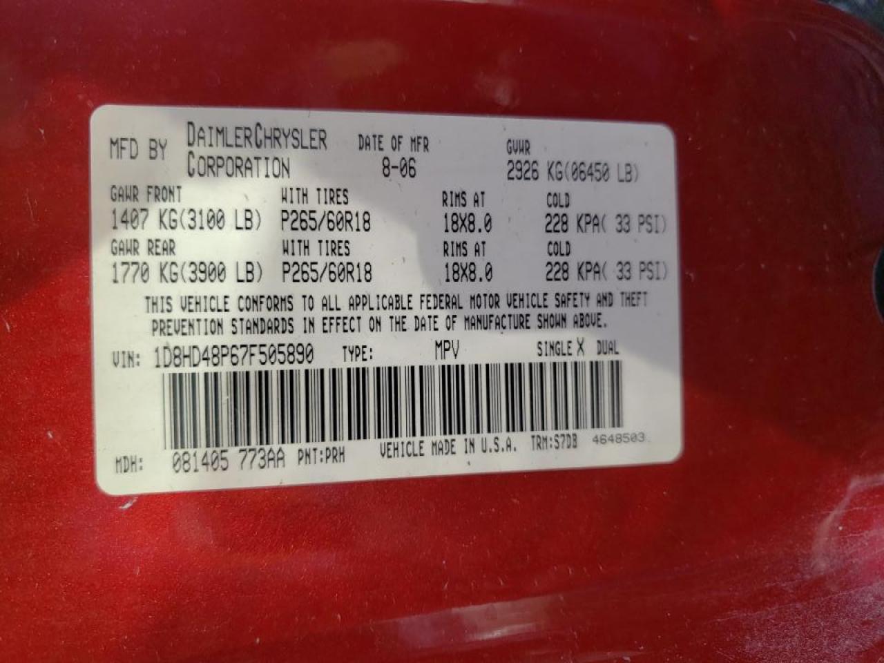 Photo 10 from auction – 2007 DODGE DURANGO SL with VIN 1D8HD48P67F505890