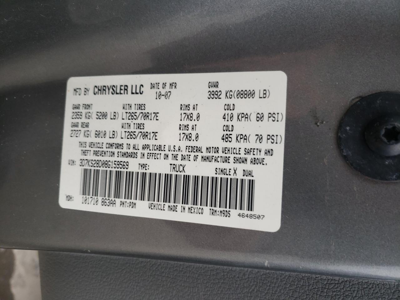 Photo 10 from auction – 2008 DODGE 2500 with VIN 3D7KS28D08G159569