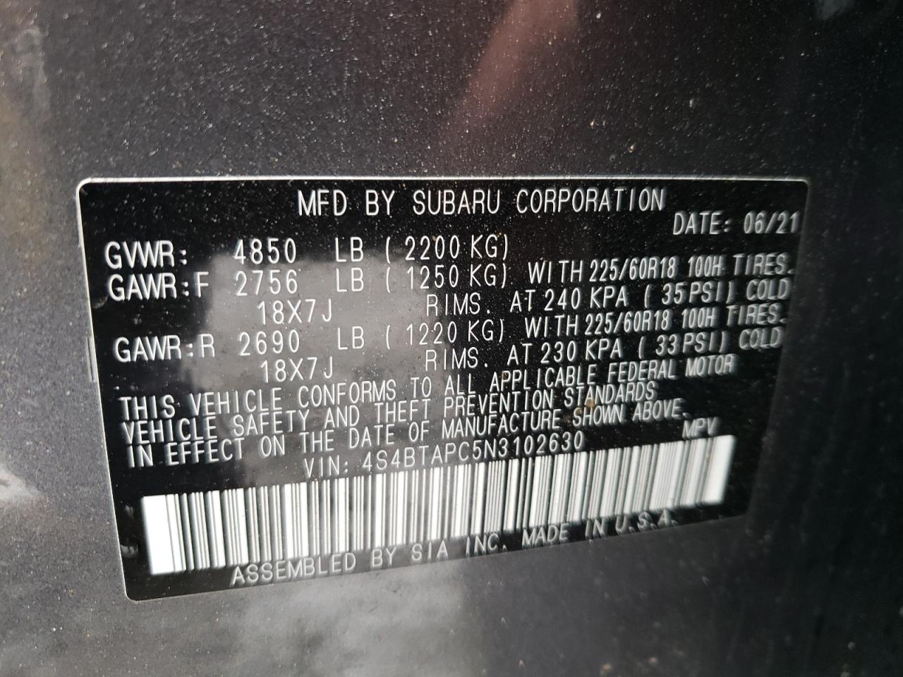 Photo 10 from auction – 2022 SUBARU OUTBACK TO with VIN 4S4BTAPC5N3102630