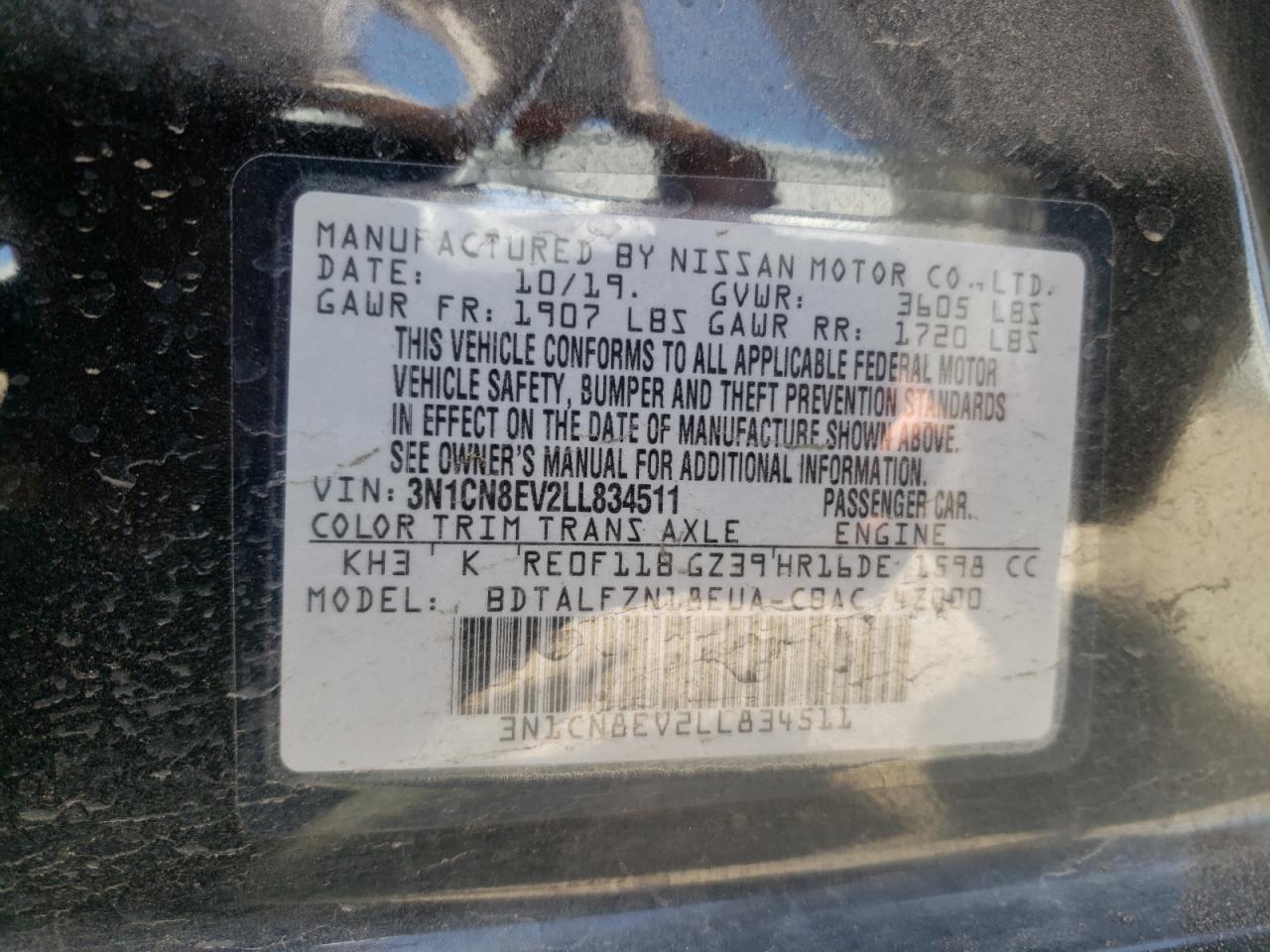 Photo 10 from auction – 2020 NISSAN VERSA SV with VIN 3N1CN8EV2LL834511
