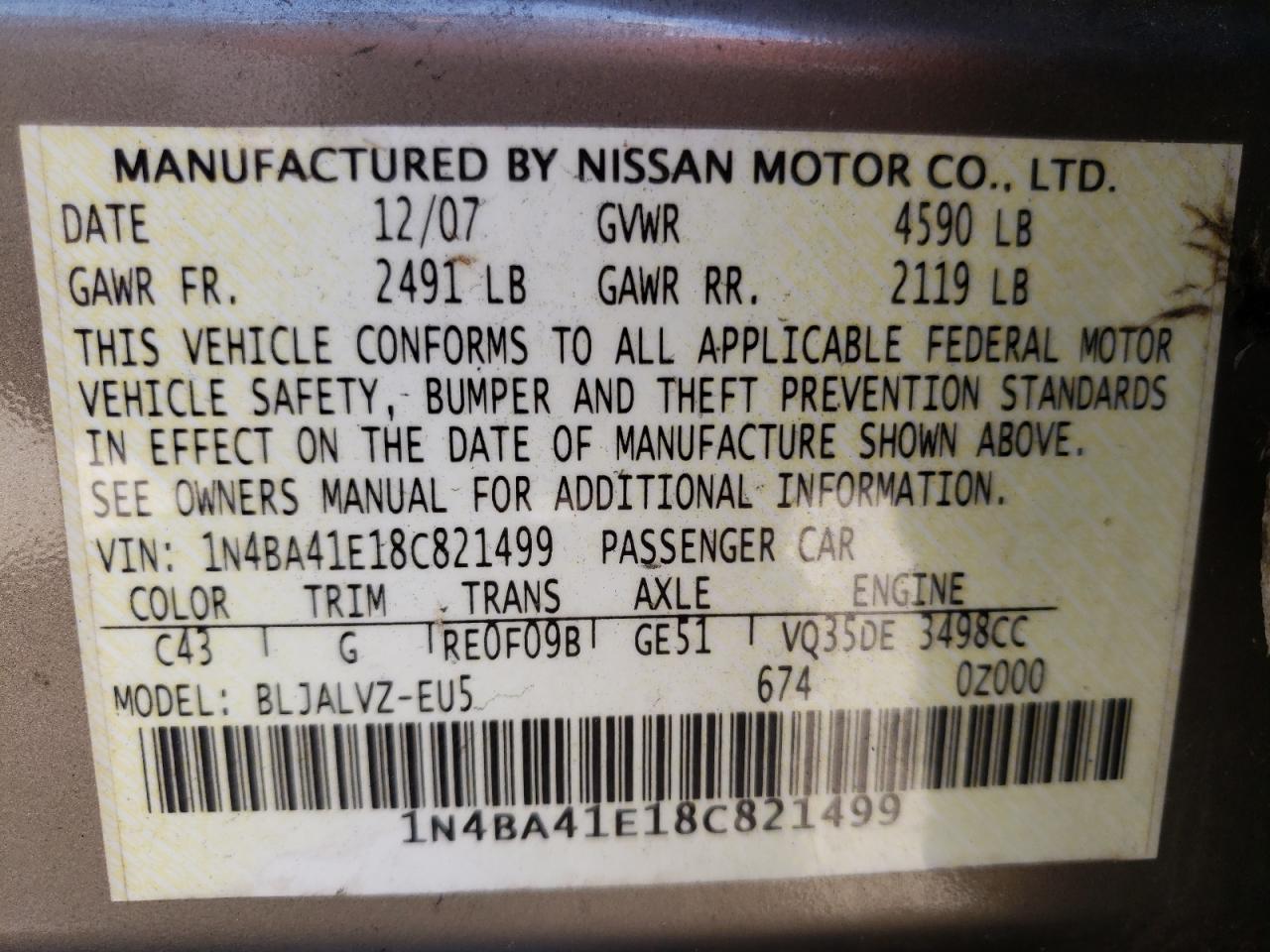 Photo 10 from auction – 2008 NISSAN MAXIMA SE with VIN 1N4BA41E18C821499