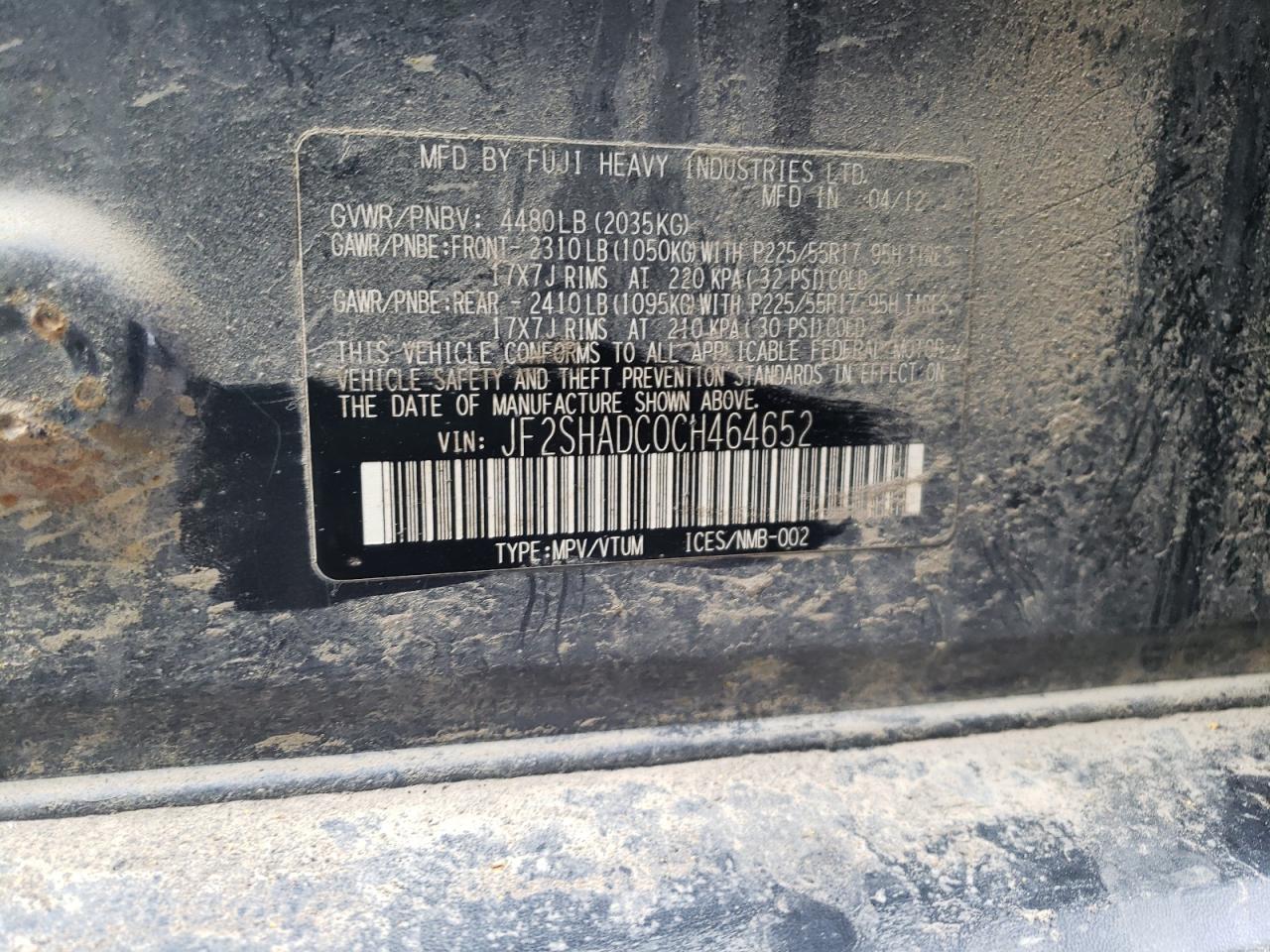 Photo 10 from auction – 2012 SUBARU FORESTER 2 with VIN JF2SHADC0CH464652