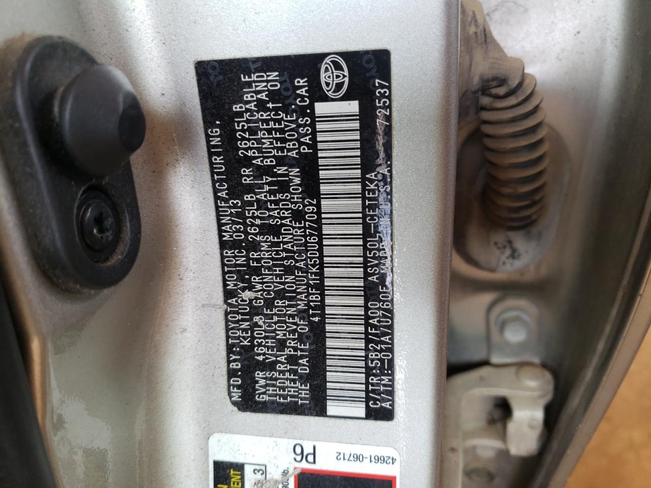 Photo 10 from auction – 2013 TOYOTA CAMRY L with VIN 4T1BF1FK5DU677092
