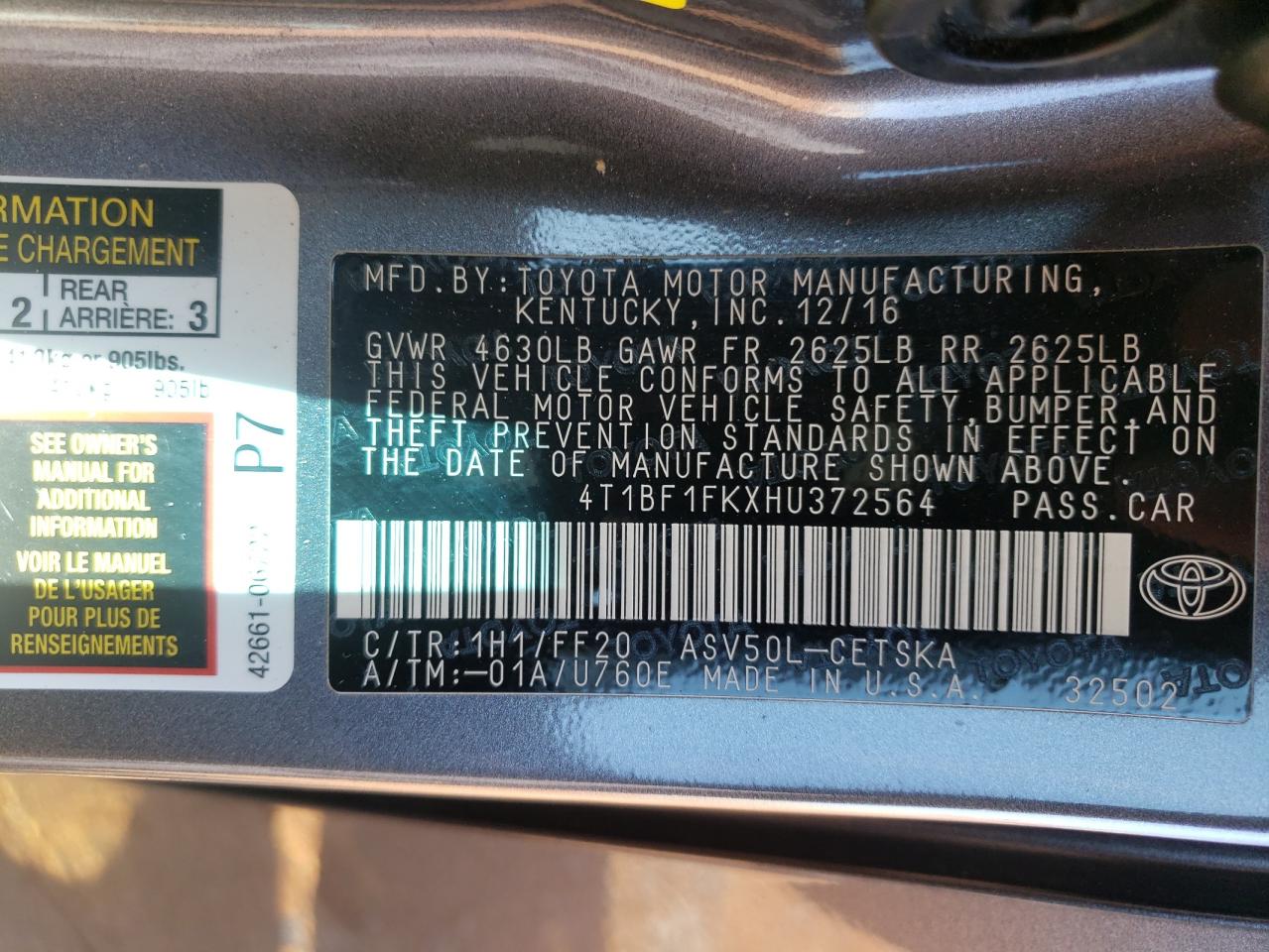 Photo 10 from auction – 2017 TOYOTA CAMRY LE with VIN 4T1BF1FKXHU372564