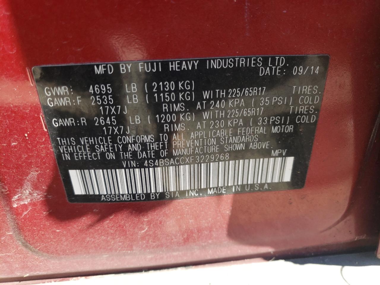 Photo 10 from auction – 2015 SUBARU OUTBACK 2. with VIN 4S4BSACCXF3229268