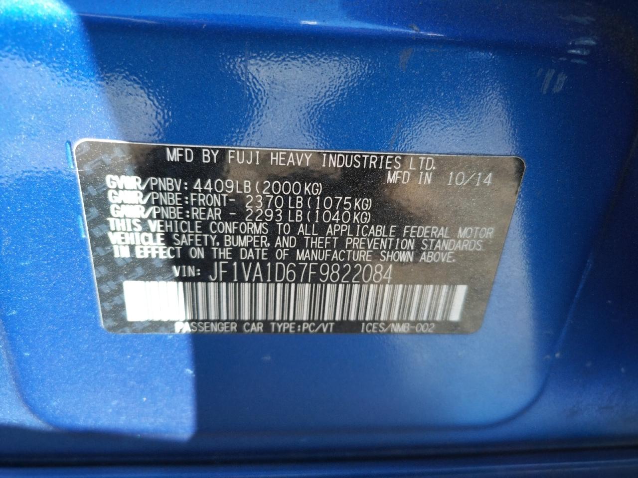 Photo 10 from auction – 2015 SUBARU WRX PREMIU with VIN JF1VA1D67F9822084