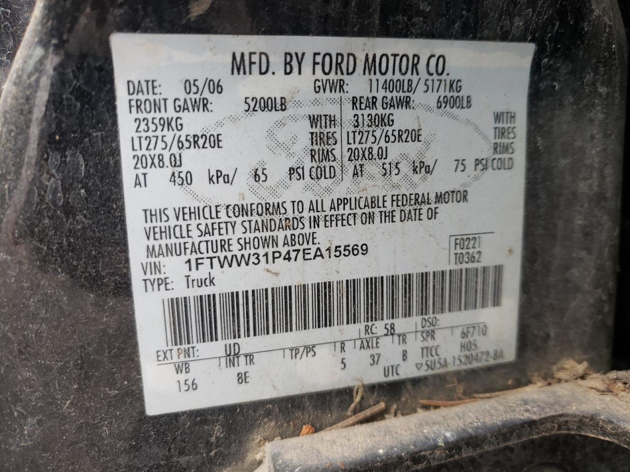 Photo 10 from auction – 2007 FORD F350 with VIN 1FTWW31P47EA15569