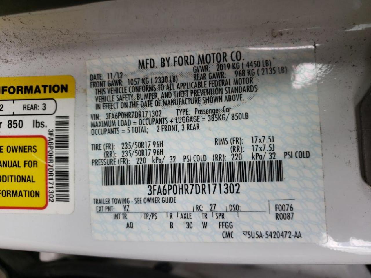 Photo 10 from auction – 2013 FORD FUSION SE with VIN 3FA6P0HR7DR171302