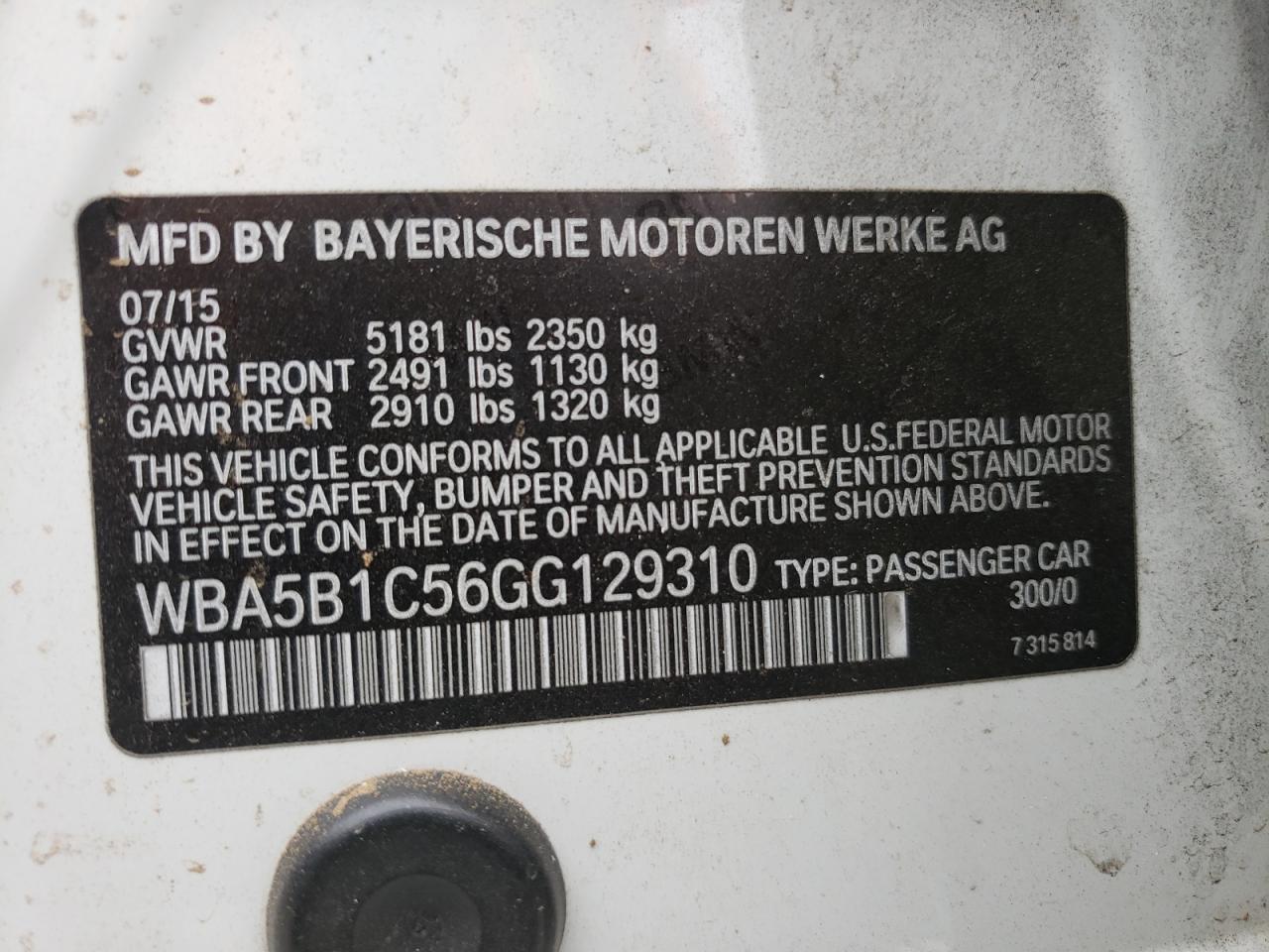 Photo 10 from auction – 2016 BMW 535 I with VIN WBA5B1C56GG129310