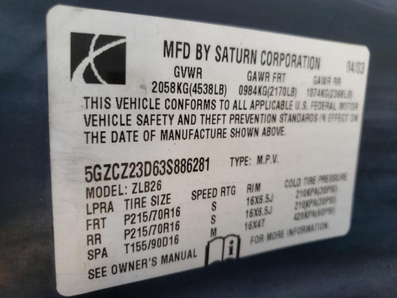 Photo 10 from auction – 2003 SATURN VUE with VIN 5GZCZ23D63S886281