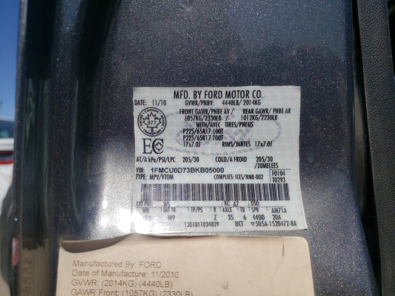 Photo 10 from auction – 2011 FORD ESCAPE XLT with VIN 1FMCU0D73BKB05000