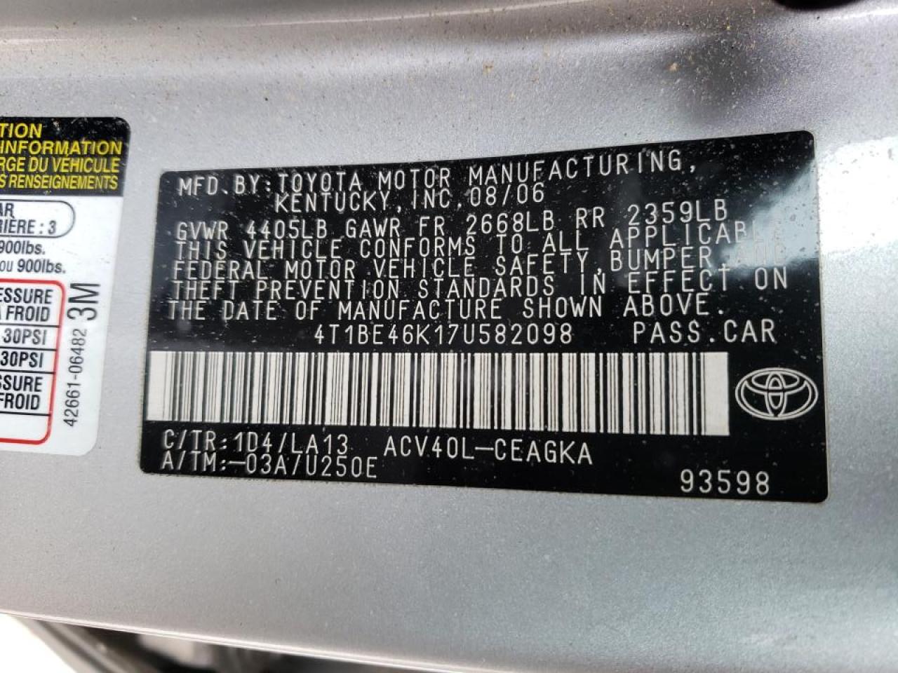 Photo 10 from auction – 2007 TOYOTA CAMRY with VIN 4T1BE46K17U582098