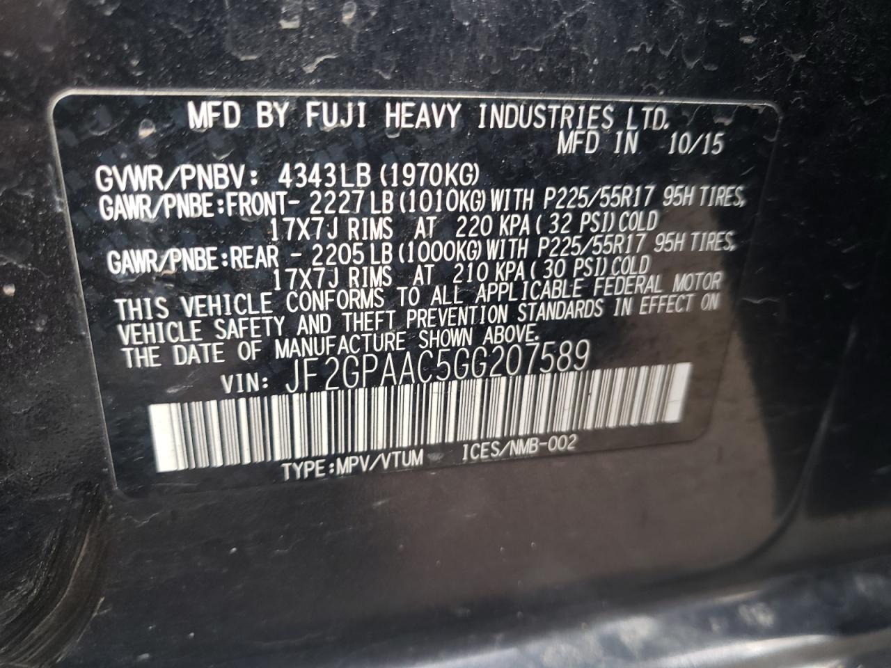Photo 10 from auction – 2016 SUBARU CROSSTREK with VIN JF2GPAAC5GG207589
