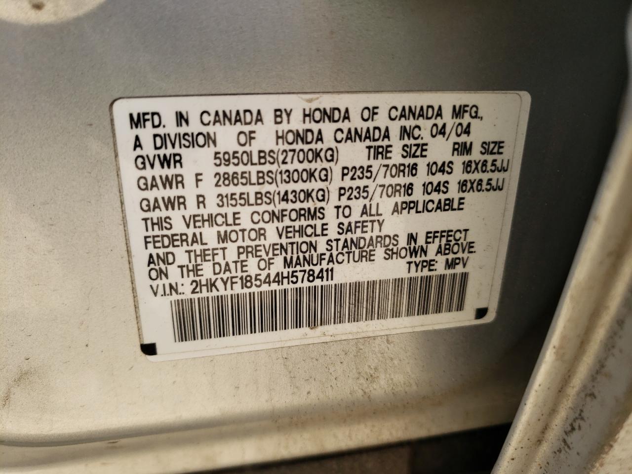 Photo 10 from auction – 2004 HONDA PILOT EXL with VIN 2HKYF18544H578411
