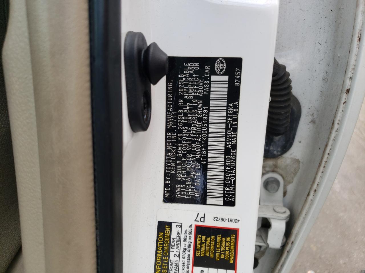 Photo 10 from auction – 2012 TOYOTA CAMRY BASE with VIN 4T1BF1FK0CU519791