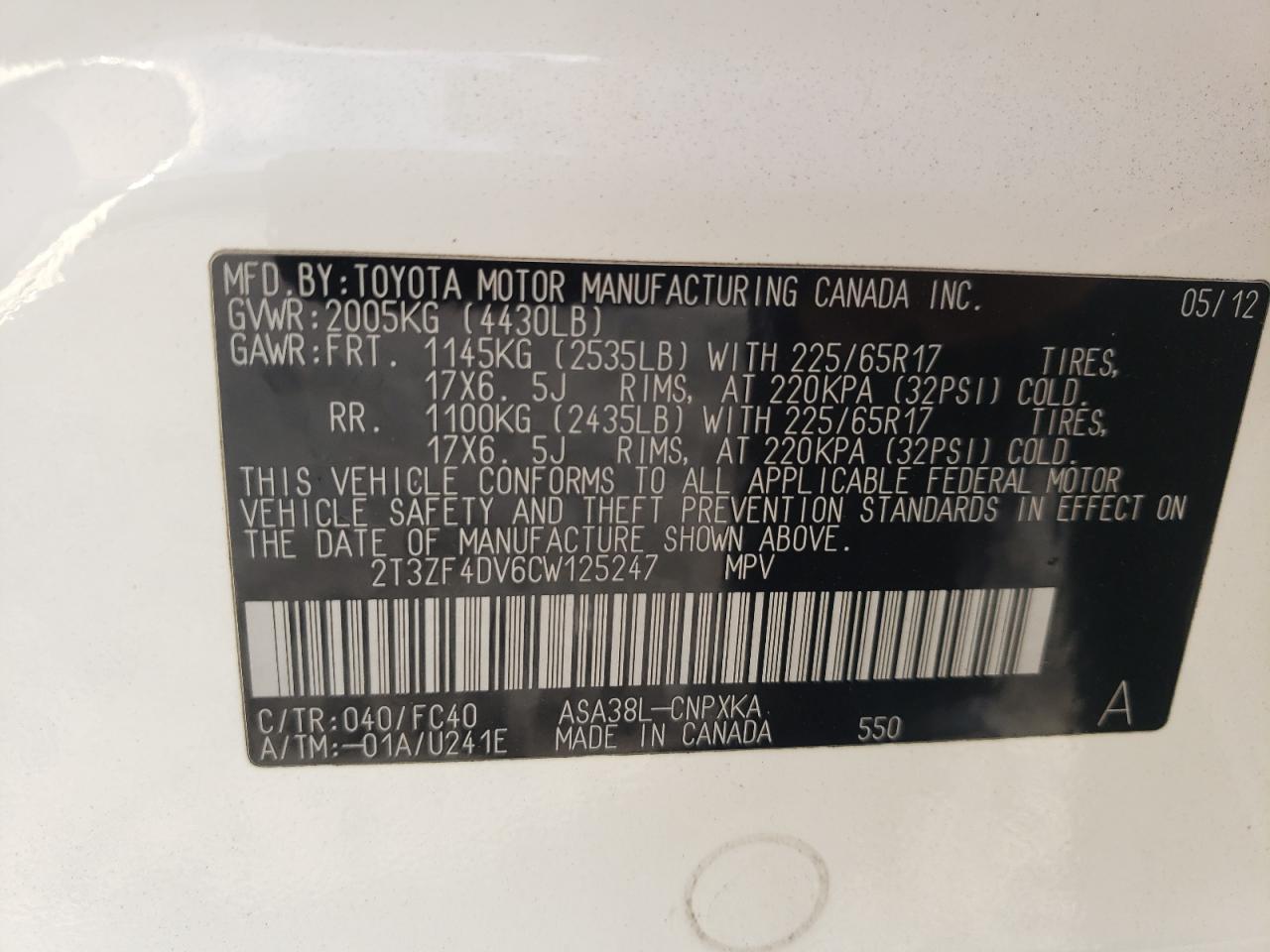 Photo 10 from auction – 2012 TOYOTA RAV4 with VIN 2T3ZF4DV6CW125247