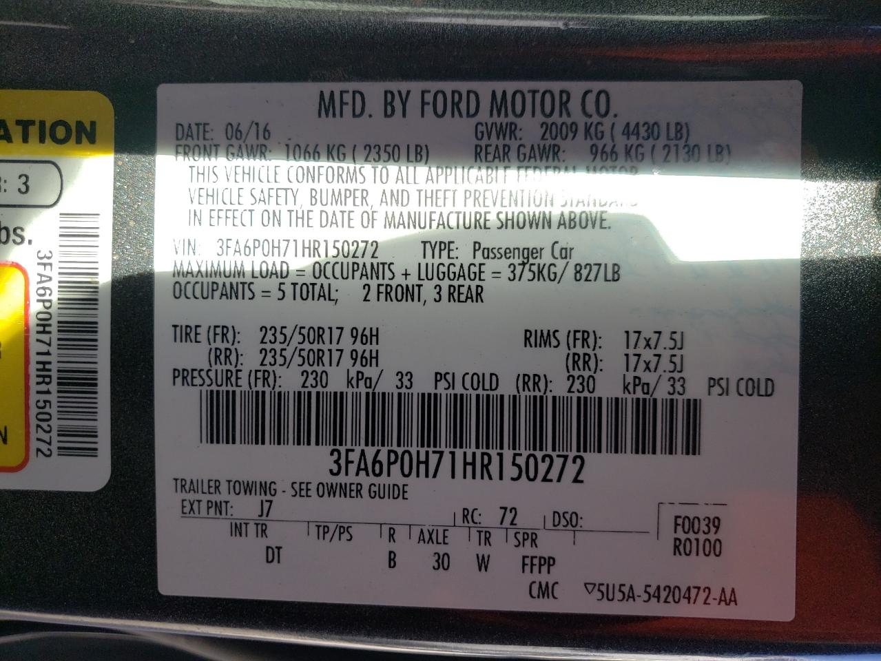 Photo 10 from auction – 2017 FORD FUSION SE with VIN 3FA6P0H71HR150272