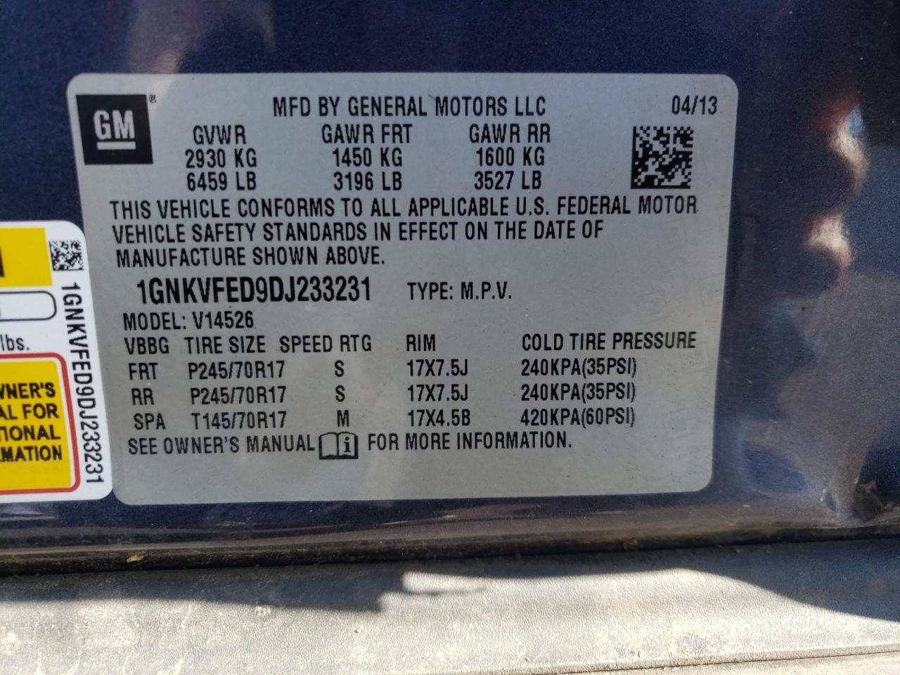 Photo 10 from auction – 2013 CHEVROLET TRAVERSE L with VIN 1GNKVFED9DJ233231