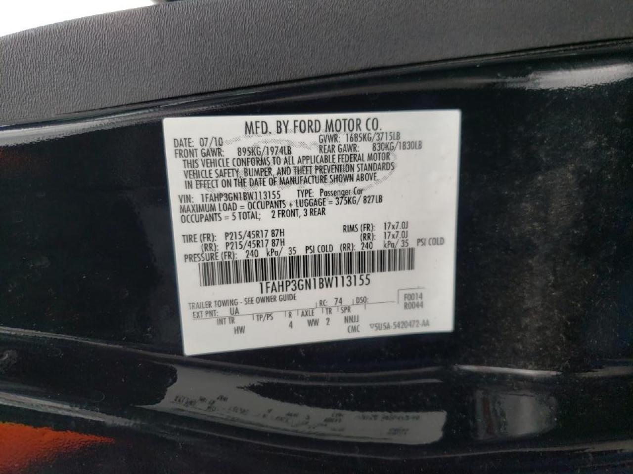 Photo 10 from auction – 2011 FORD FOCUS SES with VIN 1FAHP3GN1BW113155