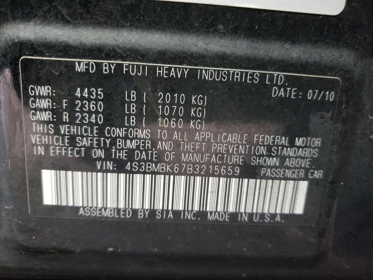 Photo 10 from auction – 2011 SUBARU LEGACY 2.5 with VIN 4S3BMBK67B3215659