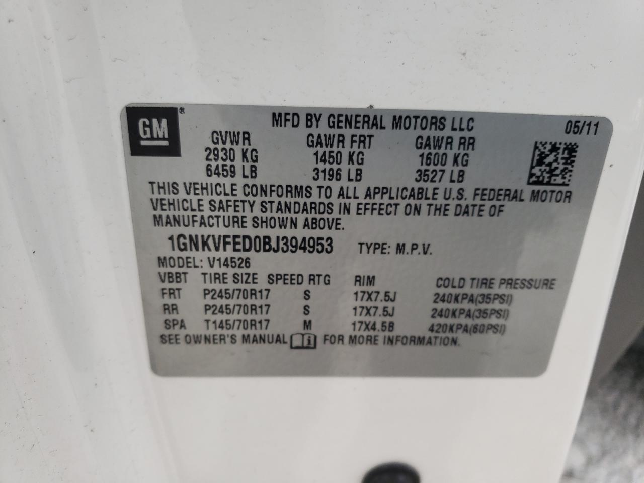 Photo 10 from auction – 2011 CHEVROLET TRAVERSE L with VIN 1GNKVFED0BJ394953