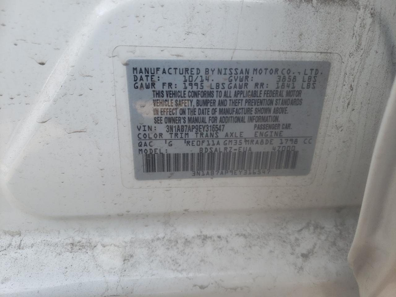 Photo 10 from auction – 2014 NISSAN SENTRA S with VIN 3N1AB7AP9EY3165