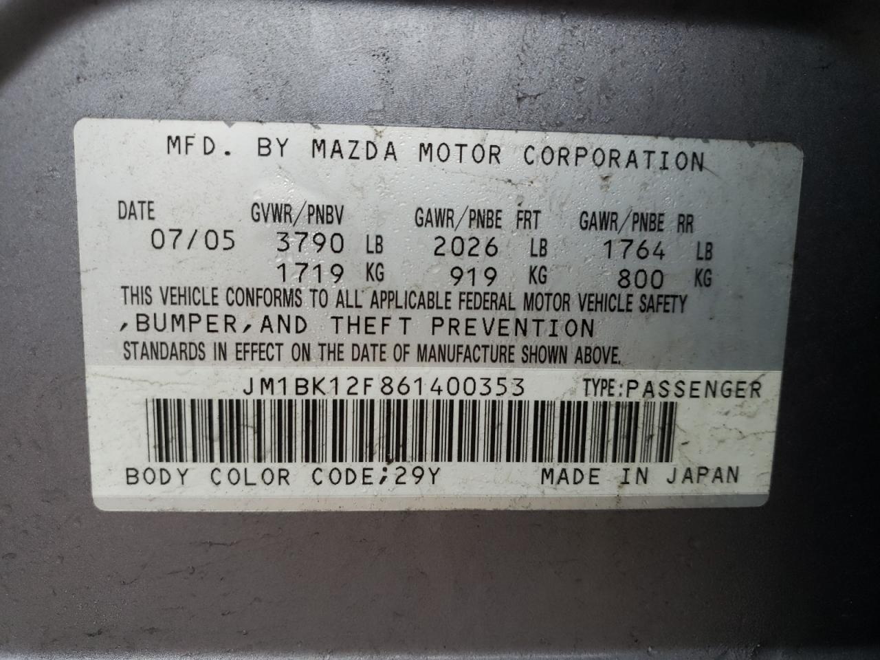 Photo 10 from auction – 2006 MAZDA 3 I with VIN JM1BK12F861400353