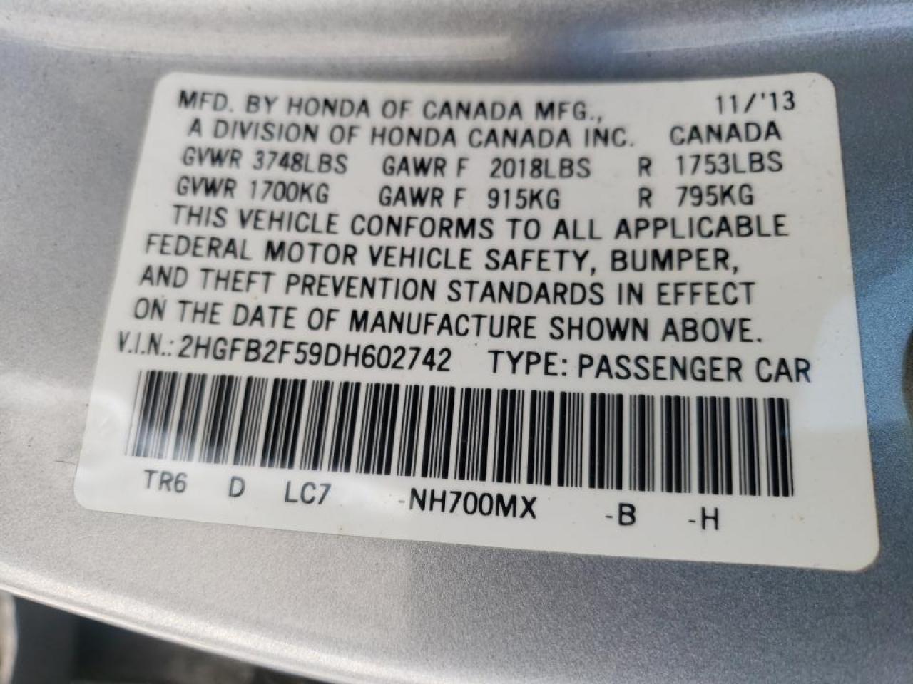Photo 10 from auction – 2013 HONDA CIVIC LX with VIN 2HGFB2F59DH602742