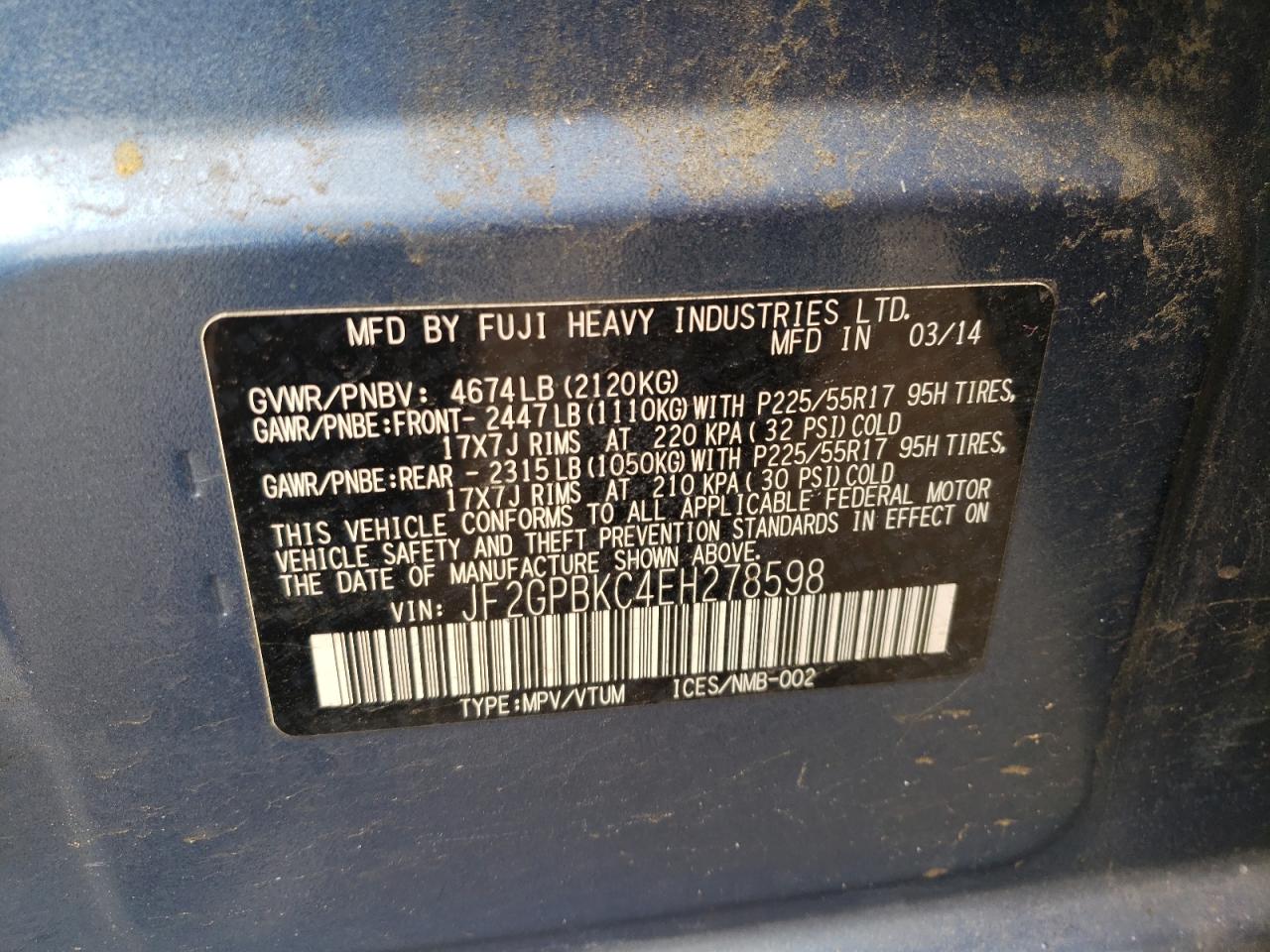 Photo 10 from auction – 2014 SUBARU XV CROSSTR with VIN JF2GPBKC4EH278598