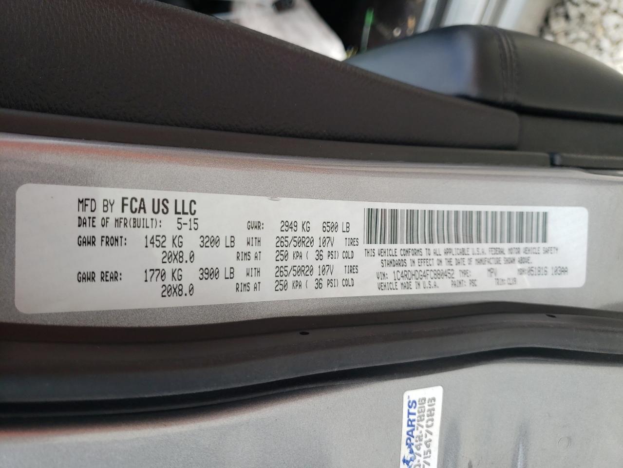 Photo 10 from auction – 2015 DODGE DURANGO LI with VIN 1C4RDHDG4FC880452