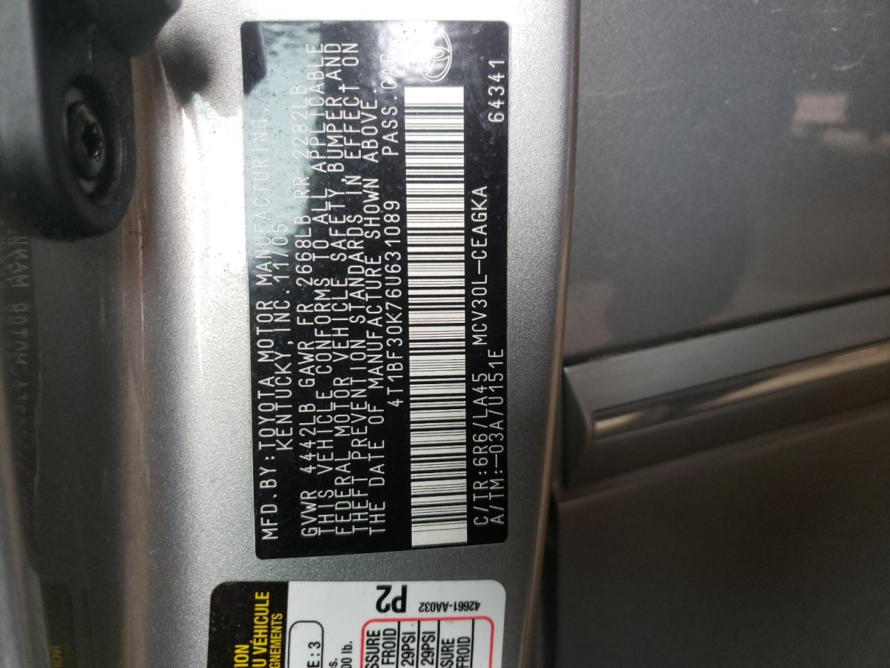 Photo 10 from auction – 2006 TOYOTA CAMRY LE with VIN 4T1BF30K76U631089