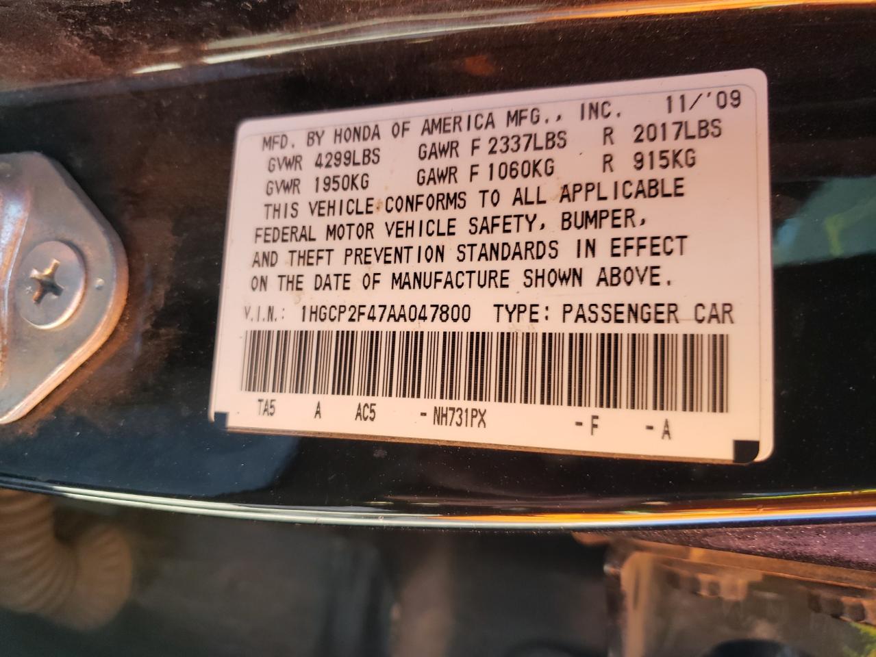 Photo 10 from auction – 2010 HONDA ACCORD LXP with VIN 1HGCP2F47AA047800