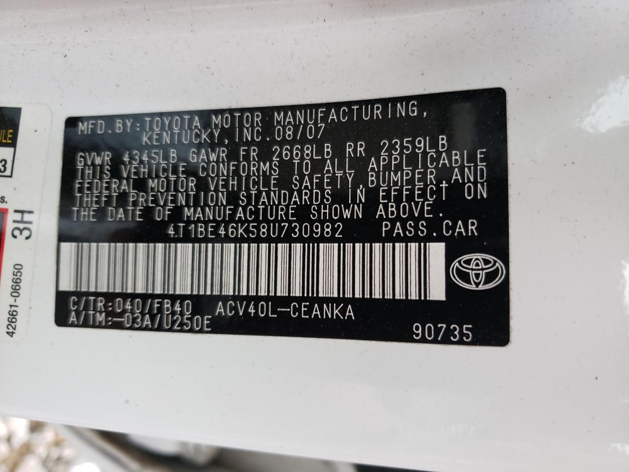 Zdjęcie 10 z aukcji – 2008 TOYOTA CAMRY CE z VIN 4T1BE46K58U730982