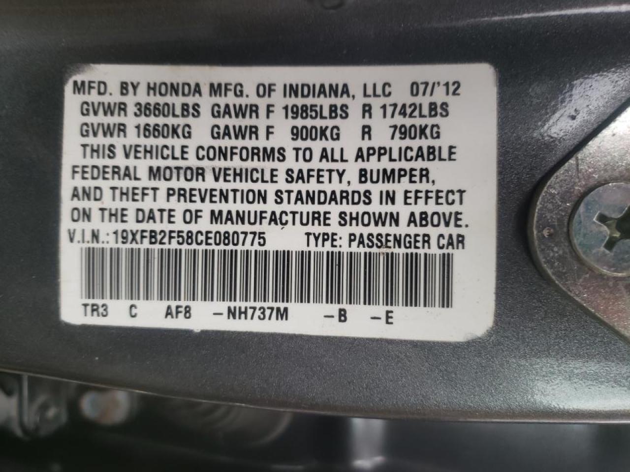 Photo 10 from auction – 2012 HONDA CIVIC LX with VIN 19XFB2F58CE080775