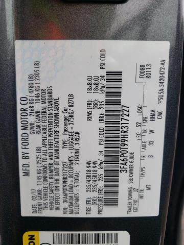 Photo 10 from auction – 2017 FORD FUSION SE with VIN 3FA6P0T99HR317227