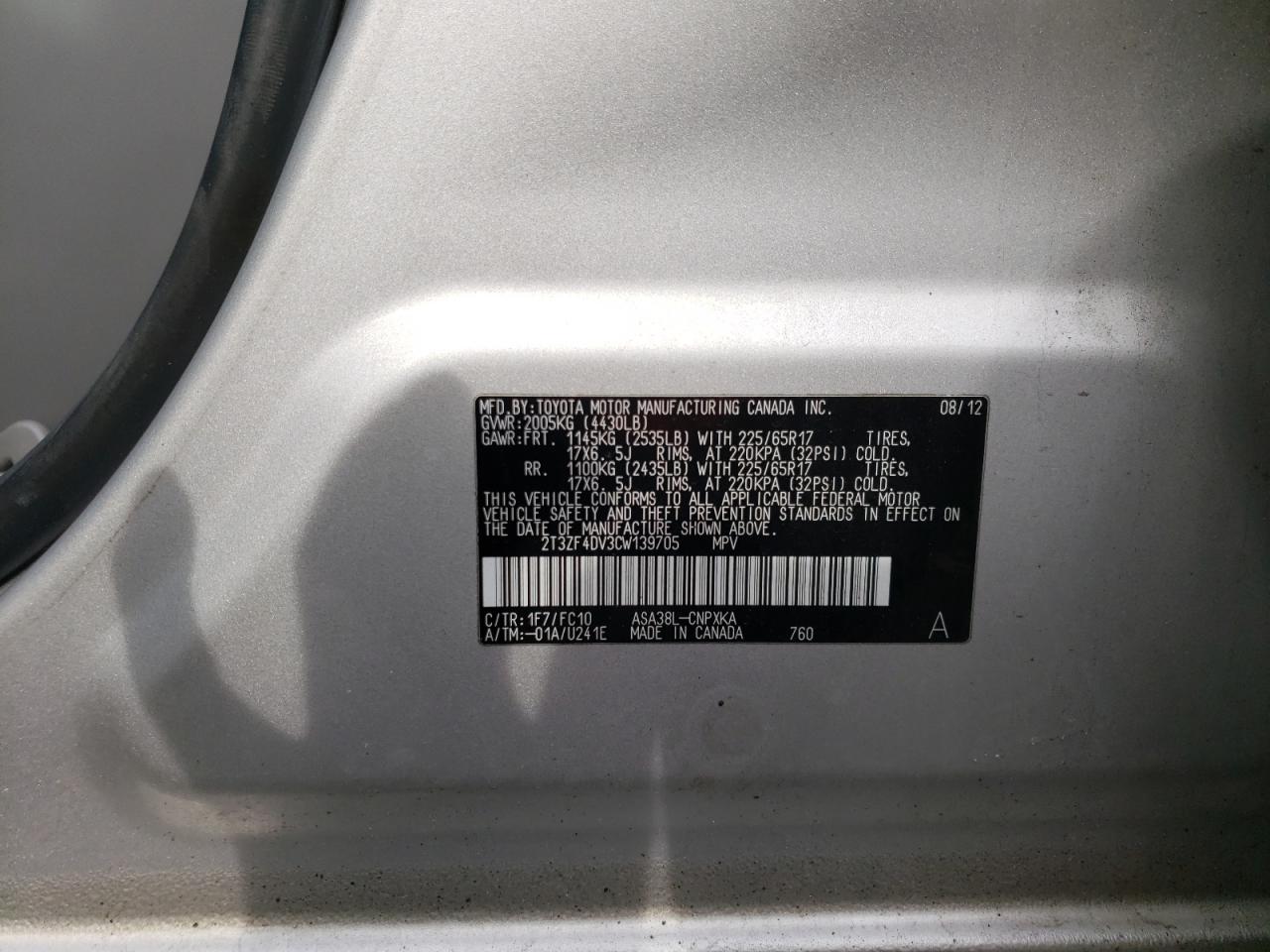 Photo 10 from auction – 2012 TOYOTA RAV4 with VIN 2T3ZF4DV3CW139705