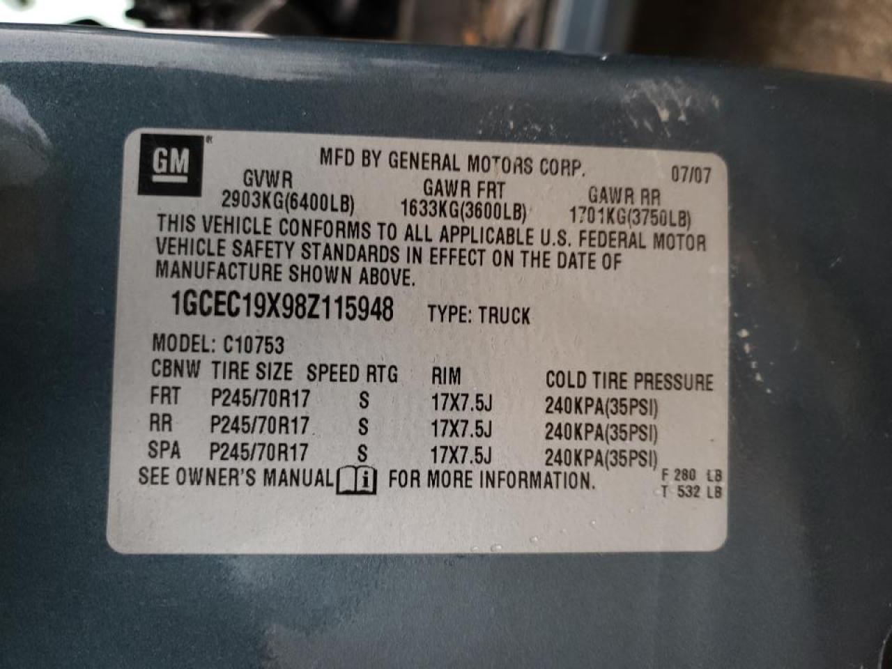 Photo 10 from auction – 2008 CHEVROLET SILVERADO with VIN 1GCEC19X98Z115948