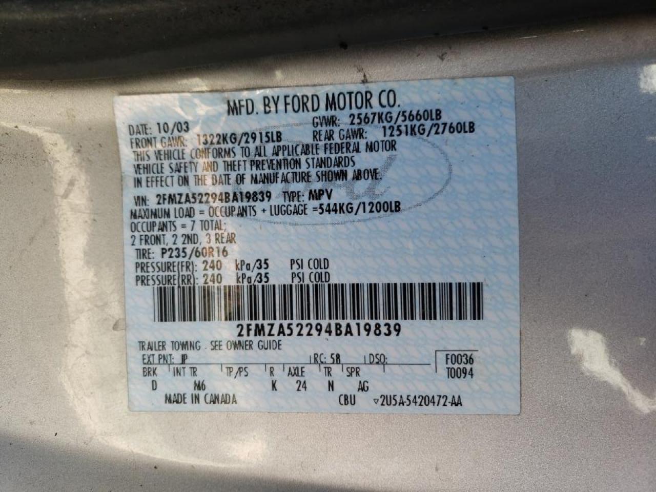 Photo 10 from auction – 2004 FORD FREESTAR S with VIN 2FMZA52294BA19839