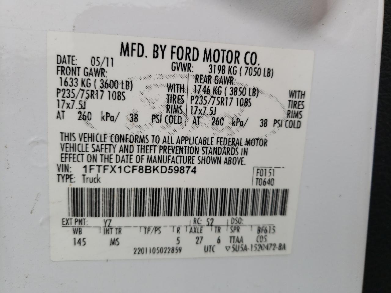 Photo 10 from auction – 2011 FORD F150 SUPER with VIN 1FTFX1CF8BKD59874