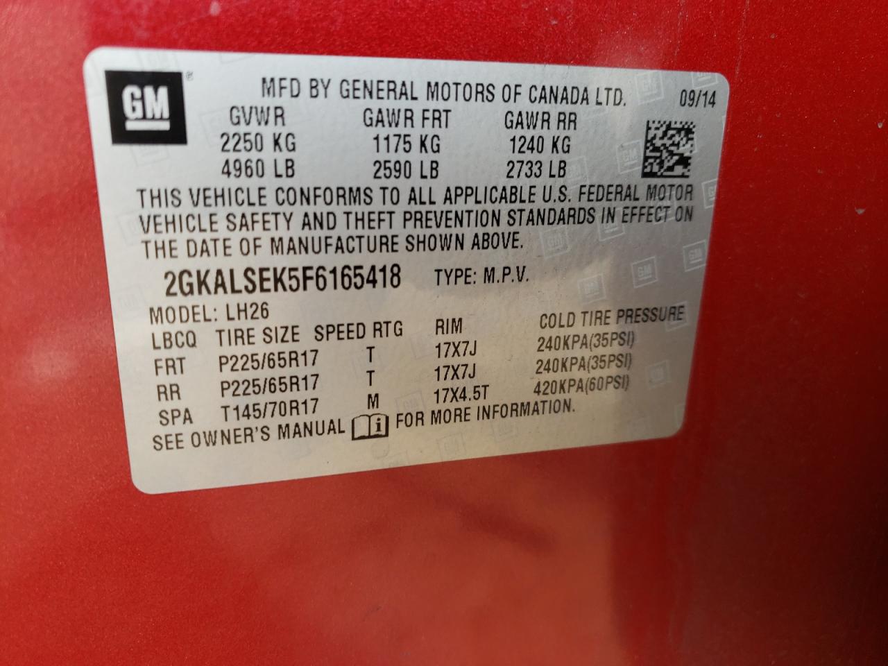 Photo 10 from auction – 2015 GMC TERRAIN SL with VIN 2GKALSEK5F6165418