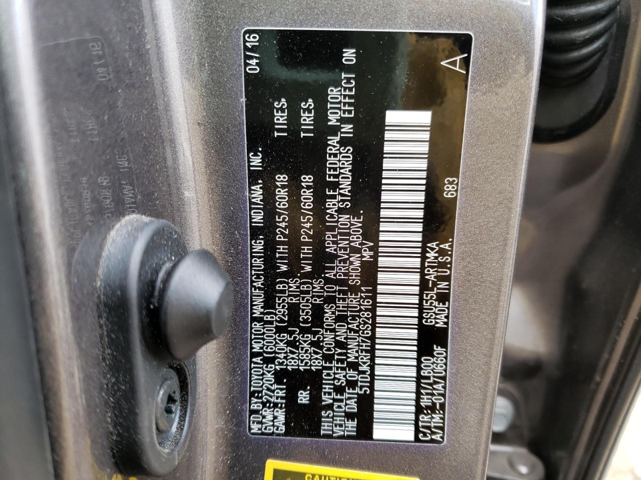 Photo 10 from auction – 2016 TOYOTA HIGHLANDER with VIN 5TDJKRFH7GS281611