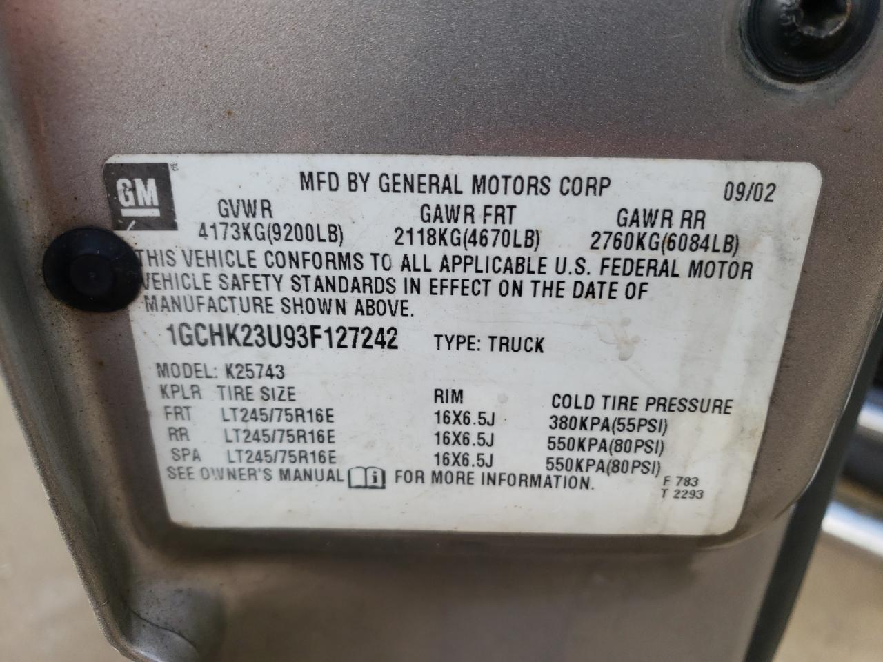 Photo 10 from auction – 2003 CHEVROLET SILVERADO with VIN 1GCHK23U93F127242
