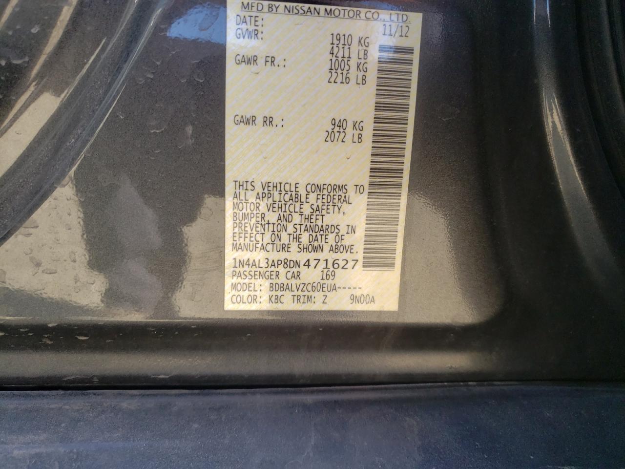 Photo 10 from auction – 2013 NISSAN ALTIMA 2.5 with VIN 1N4AL3AP8DN471627