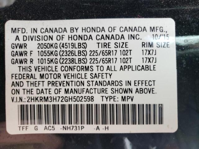 Photo 10 from auction – 2016 HONDA CR-V EXL with VIN 2HKRM3H72GH502598