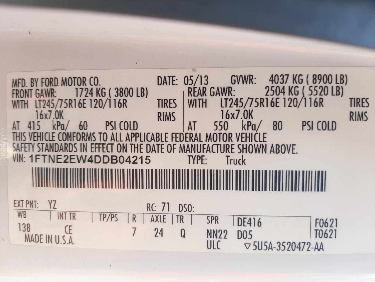 Photo 10 from auction – 2013 FORD ECONOLINE with VIN 1FTNE2EW4DDB04215