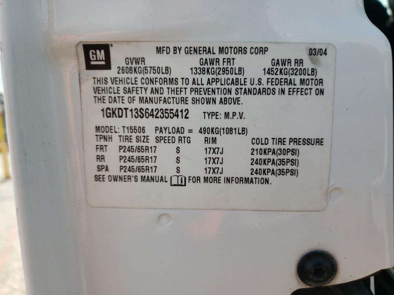 Photo 10 from auction – 2004 GMC ENVOY with VIN 1GKDT13S642355412
