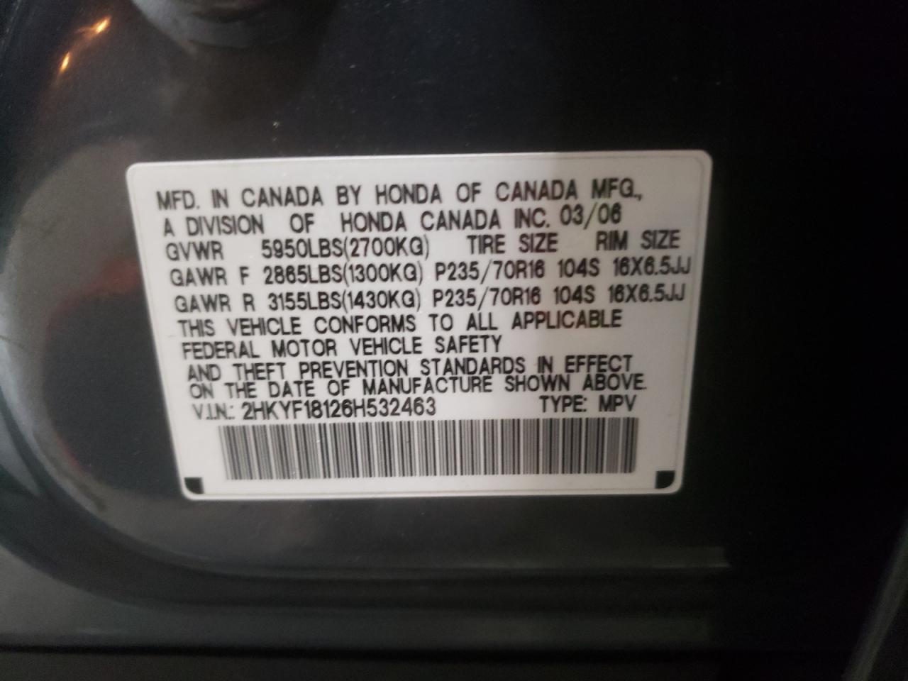 Photo 10 from auction – 2006 HONDA PILOT LX with VIN 2HKYF18126H532463