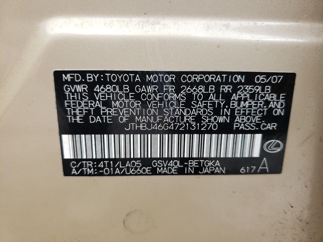 Photo 10 from auction – 2007 LEXUS ES 350 with VIN JTHBJ46G472131270