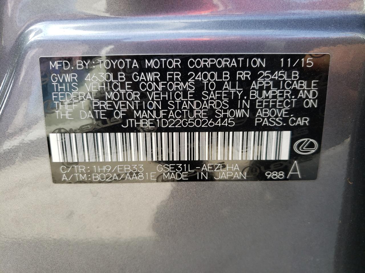 Photo 10 from auction – 2016 LEXUS IS 350 with VIN JTHBE1D22G5026445